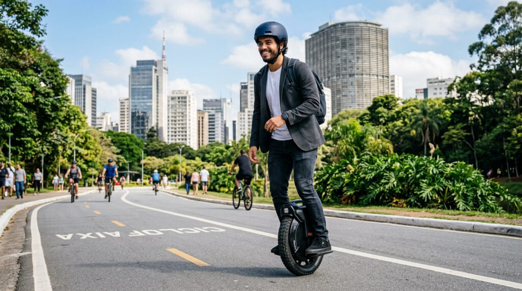 andando de monociclo eletrico na cidade
