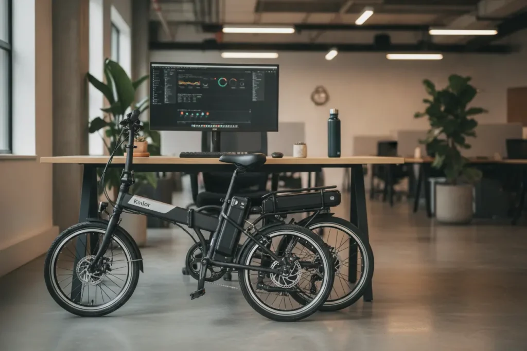 Bicicleta Elétrica para Trabalhar - Escolha o Modelo Ideal Bicicleta elétrica dobrável guardada no escritório