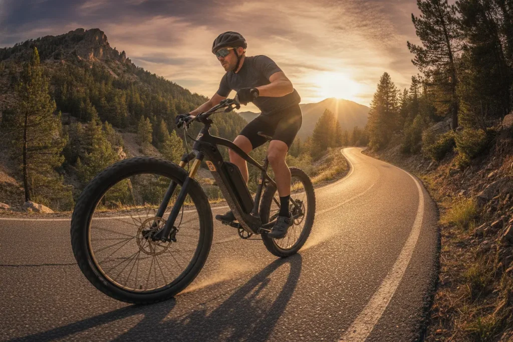 Ciclista subindo ladeira íngreme em bike elétrica