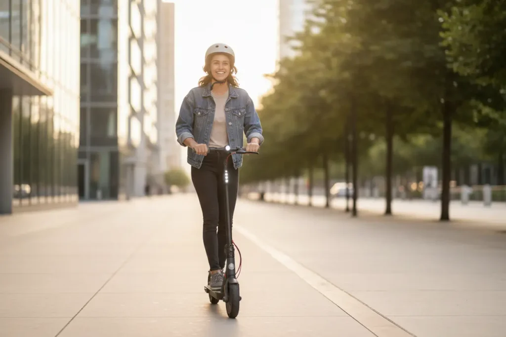 jovem andando de patinete eletrico na cidade