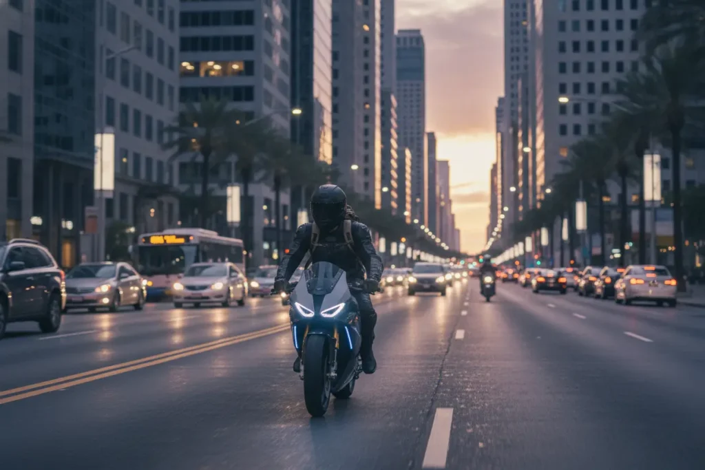 Moto elétrica moderna trafegando em uma via urbana