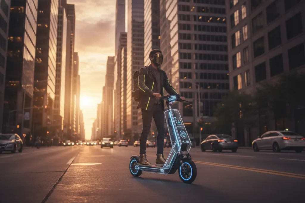 Confira as Melhores Scooters Elétricas de 2027 - 10 Modelos Scooter elétrica urbana rodando no trânsito 2027